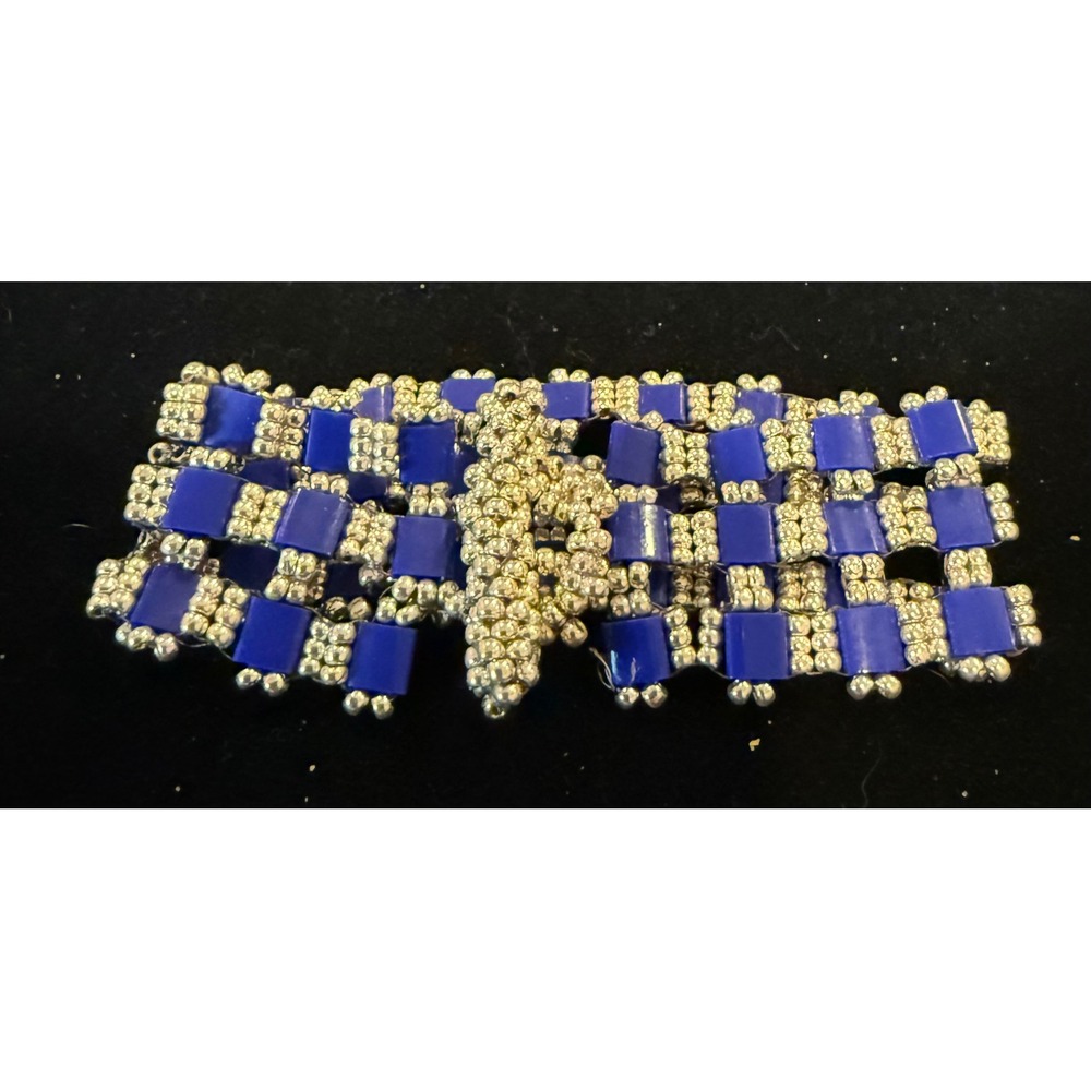 Handmade Womens 6.5" Beaded Cuff Bracelet Blue Silver‎ Geometric Toggle Western